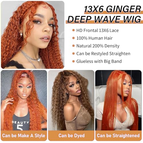 DJFG Deep Wave Lace Front Wigs Human Hair Curly Wig Human Hair HD Frontal 200 Density 13x6 Lace Ginger Wig Human Hair Orange 30 Inch