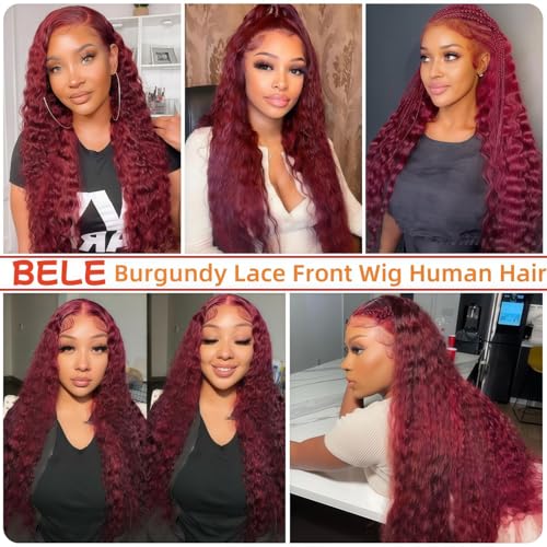 200 Density Burgundy Lace Front Wigs Human Hair 13x6 HD Deep Wave Lace Front Wigs Human Hair Pre Plucked with Baby Hair 99J Red Colored Deep Curly Lace Frontal Wigs Glueless Wig for Women 24inch