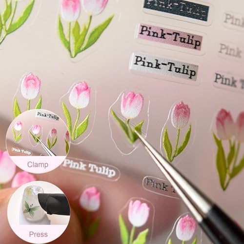 Flower Nail Stickers for Nail Art Decals Charms,5D Embossed Floral Butterfly and Heart Gem, Self-Adhesive 5 Styles Craft Nail Supplies 2 Sheets with Tweezers Kit for Women Decoration