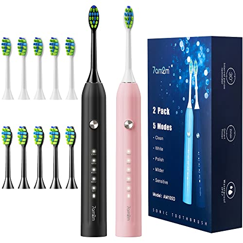 7AM2M Rechargeable Sonic Electric Toothbrush 2 Pack, Soft Toothbrushes for Adults and Kids with 12 Brush Heads, IPX7 One Charge Use for 60 Days, 5 Modes with 2 Minutes Build in Smart Timer