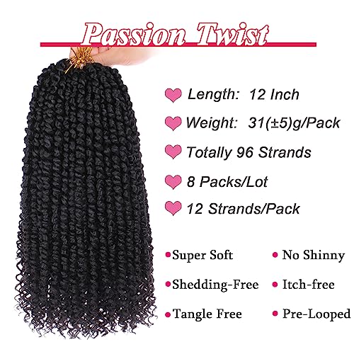 Leeven 8 Packs Pre twisted Passion Twist Crochet Hair for Black Women 12 Inch Synthetic Natural Black Passion Twist Hair With Curly Ends Pre-looped Goddess Passion Twists Braiding hair Extensions 1B#
