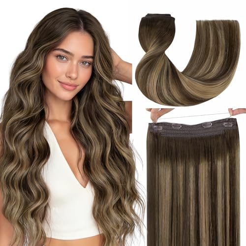 GOO GOO Wire Hair Extensions Human Hair, 4/27/4 Chocolate Brown with Caramel Blonde Balayage 12inch 70g, Invisible Wire Hair Extensions with Transparent, Seamless Fish Line Hairpiece