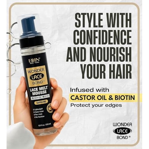 EBIN NEW YORK Wonder Lace Bond Melt Mousse 8.5oz/250ml- Extreme Firm Hold (Supreme) | Biotin + Castor Oil | No Residue, Long Lasting Formula with Protecting Edges, Gives Undetectable and Natural Look