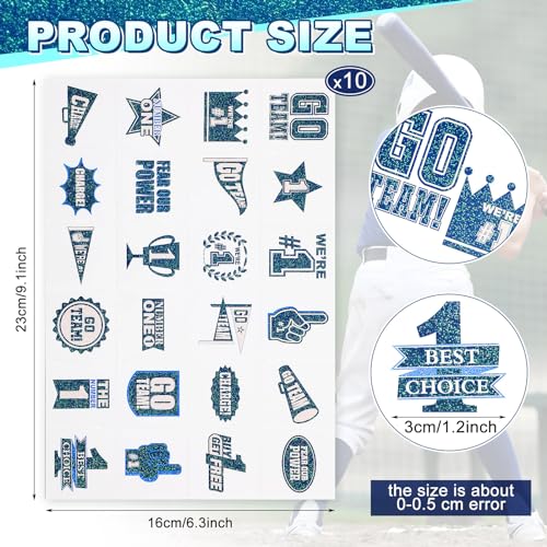 Landhoow 240 Pcs Blue Team Spirit Tattoos Temporary Glitter Go Team Tattoos Football Temporary Stickers Party Costume Accessory for School Spirit Supplies