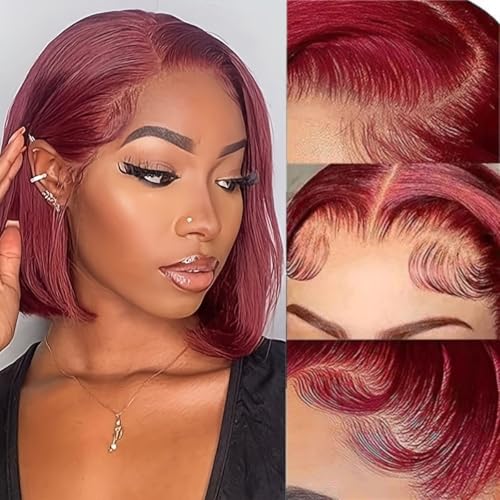 LICHANG 99J Burgundy Bob Wigs Human Hair 13x4 lace Front Wigs Human Hair 200% Density Short Straight Frontal Bob Wigs For Women Human Hair Pre Plucked with Baby Hair Natural Hairline Wine Red 10 Inch