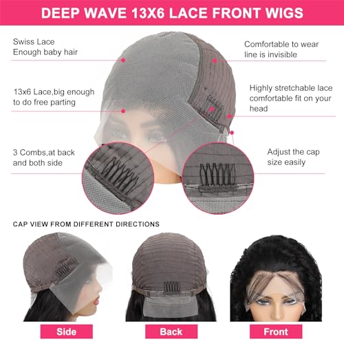30 Inch Deep Wave Lace Front Wigs Human Hair 13x6 HD Transparent Deep Curly Lace Frontal Wigs 180% Density Glueless Wigs Human Hair pre Plucked with Baby Hair Natural Color