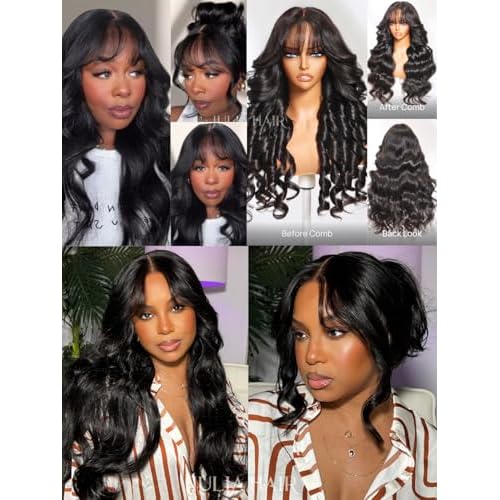 Julia Hair 13X4 HD Pre Everything Glueless Lace Frontal Wigs Human Hair Fluffy Natural Loose Wave Curtain Bangs Wig Pre Plucked Invisible Bleached Knots Pre Cut Lace Front Wig for Women 16 Inch
