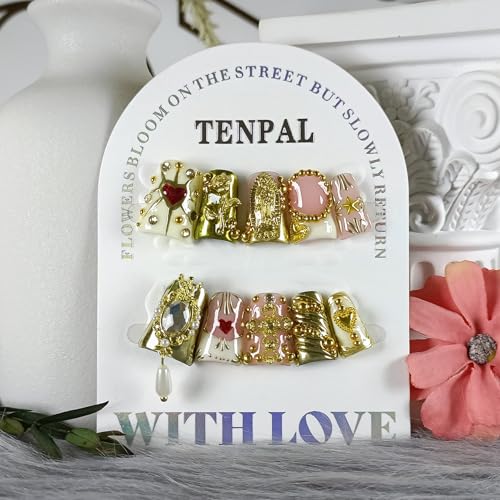 10Pcs Ballerina Press On Nails With Tools,Egyptian Palace Relief Glue on Nails with Gold Cross & Pearls,Handmade 3D Saint Charms Fake Nail Kits, Vintage Epic Acrylic Coffin Duckbill Nails(L)