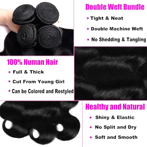Human Hair Bundles 20 22 22 24 Inch Body Wave Bundles Human Hair 100% Unprocessed Brazilian Virgin Human Hair Extensions for Women Natural Color