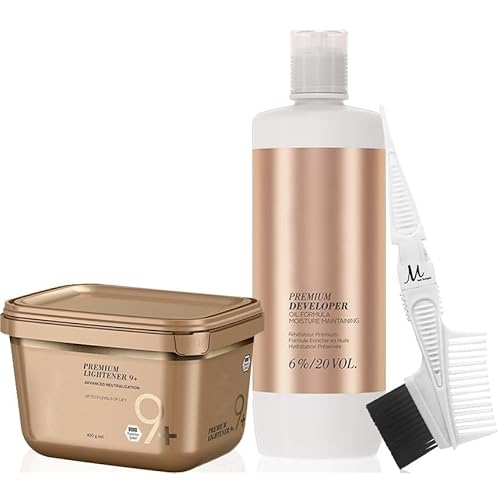 Blonde Me Lightener 9+ Bleach 450 grams, BlondeMe Developer 6% / 20 Volume 1 Liter and M Hair Designs Tint Brush Comb (Bundle)