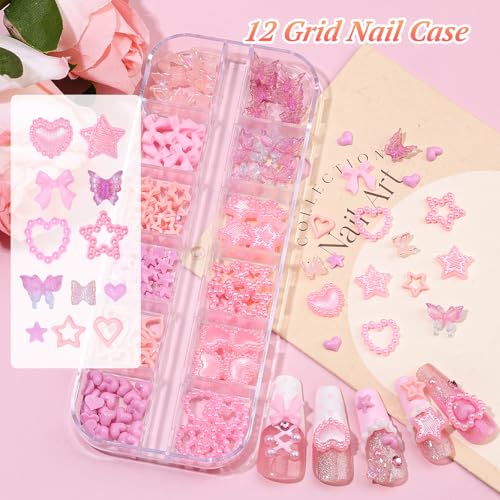 5 Boxes 3D Nail Charms Set,24Pcs Y2k Alloy Nail Art Rhinestone Charms 3D Bow Flower Crown Heart Star with Tweezers and Dual-end Brush for Manicure Salon DIY Crafts,Face Makeup Gems Jewels (Pink)