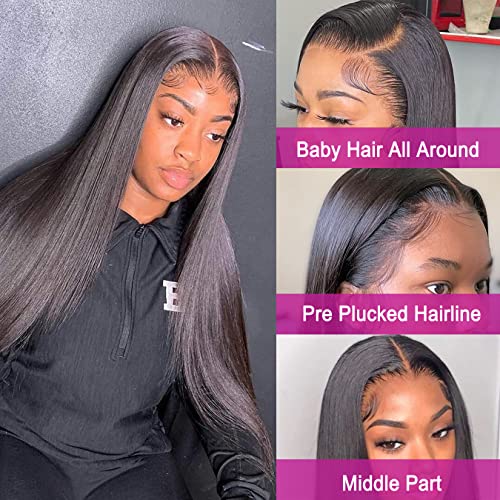 Straight Lace Front Wigs Human Hair 13x4 HD Transparent Lace Frontal Wigs 180% Density Pre Plucked with Baby Hair 24Inch Straight Lace Front Wigs for Black Women Natural Color