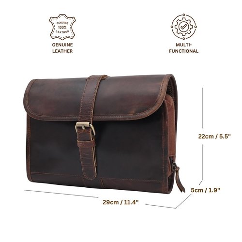 Autentico Leather Genuine Buffalo Leather Hanging Toiletry Bag with Waterproof Lining for Men & Women Handcrafted Vintage Distressed Brownn Leather Dopp Kit, Travelling Kit (Distress Brown)