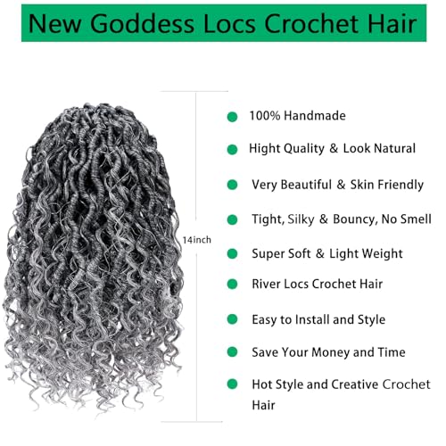 Faux Locs Crochet Hair 14 Inch Goddess Locs Ombre Grey Crochet Hair for Women 6 Packs Gray Soft River Curly Pre Looped Braids with Curly Ends Boho Hippie Synthetic Hair Extensions, 1b/grey