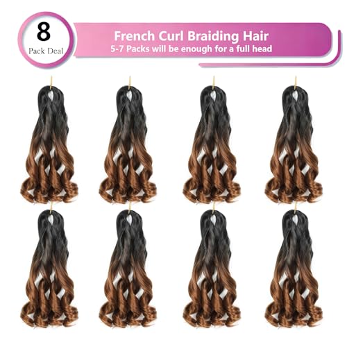 French Curl Braiding Hair 14 Inch 8 Packs French Culy Braiding Hair Ombre Brown Loose Wavy Synthetic Hair Extensions for Black Women (14 inch 8 Pcs, B29)