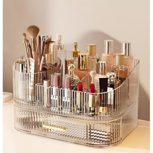 Makeup Organizer with Drawers and 360¡Æ Rotating Brush Holder, Large Capacity Cosmetic Storage for Vanity, Skincare, Perfume, Hair Accessories, Lipstick & Jewelry (Clear, 2-layer)
