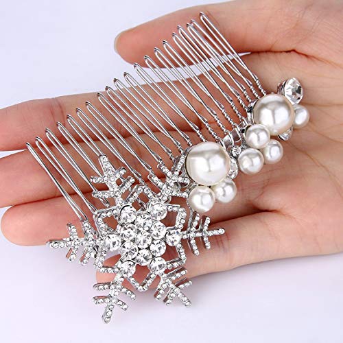 EVER FAITH Crystal Simulated Pearl Winter Snowflake Hair Side Comb Clear Silver-Tone