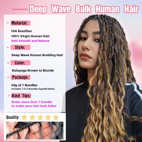 Human Braiding Hair, 3 Bundle 150g 20 Inch Boho Braids Human Hair 15A Deep Wave Bulk Brazilian Virgin No Weft Wavy Hair Extension for Boho Knotless Balayage Brown to Blonde