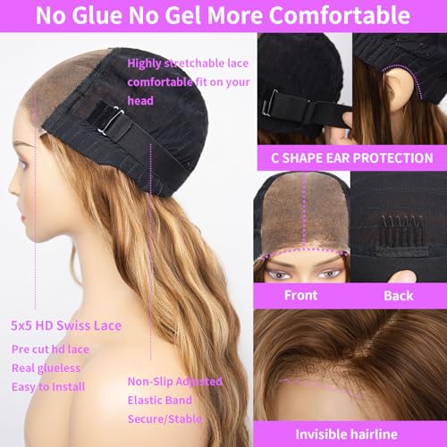 28 Inch Ombre Highlight Lace Front Wigs Human Hair Pre Cut 5X5 Glueless #4/27 Honey Blonde Body Wave Wigs for Women Pre Plucked with Baby Hair Lace Closure wig 200% Density