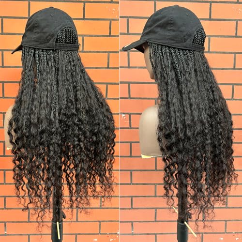 FlowerSeason Human Hair Cap Braided Wigs Human Hair Cap Boho Box Braids Wig with Cap Human Hair Cap Braided Wigs for Black Women Natural Color