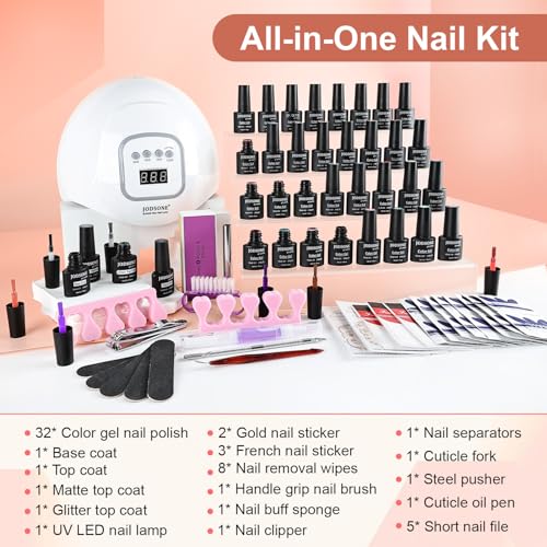 JODSONE 36 Pieces Easy to Apply Gel Nail Polish Kit with U V Light Base Coat Top Matte Glitter Gel Polish for Salon and Home Use
