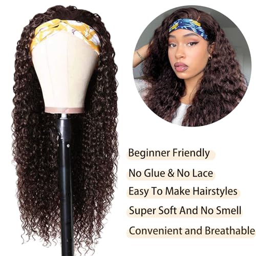 Aiterina Headband Wig Human Hair Headband Wig Deep Wave Human Hair Wigs for Black Women Glueless Human Hair Wigs Machine Made 150% Density No Lace Deep Headband Wig Chocolate Brown 24 inch