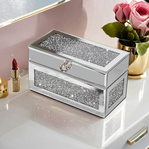 21-Slot Mirrored Lipstick Organizer, Rollerball Perfume Glass Storage box with Lid,Lip Gloss Storage for Vanity, Crushed Diamond Home Decor, 9.2''x 4.5'' x 5.15''