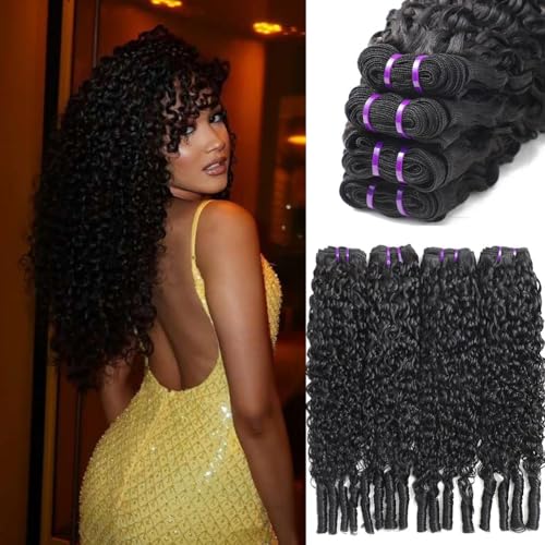 Burmese Curly Human Hair Bundles 100% Unprocessed Wet and Wavy 4 Bundles with Spiral End (16 18 20 22 Inch)14A Virgin Curly Hair Bundle Quick Weave Hair Extensions Real Human Hair Natural Black