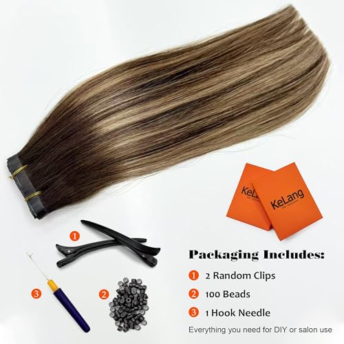 Butterfly Weft Hair Extensions Human Hair-Invisible Double Layered with Hole Hand Tied Genius Weft PU Seamless Micro Beads Real Remy Hair Ombre Blonde Balayage 100g #4/27/4 16 Inch
