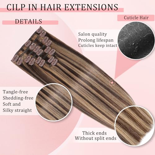 Clip in Hair Extensions Real Human Hair Clip in Extensions for Women Seamless Balayage Dark Brown to Chestnut Brown Straight Remy 100% Human Clips ins Extension 8pcs Double Weft 22 inch 4oz/110g