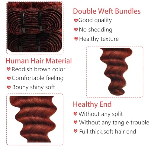 Loose Deep Wave Bundles Human Hair with Closure 12a Reddish Brown Human Hair Bundles with 4¡¿4 Closure Copper Red Wavy Hair Bundle (Loose Deep Wave16 18 20 with16 free)