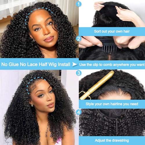 Kinky Curly Half Wigs 100% Human Hair 180 Density 3 In 1 Seamless Flip Over Half Wigs Kinky Burmese Curly Deep Water Wave Glueless Wear and Go Wig Drawstring Headband Ponytail Wig for Women 20 Inch