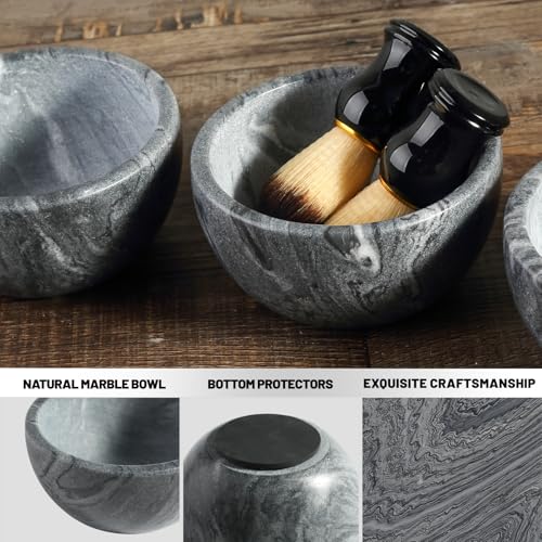 Koville Marble Shaving Soap Bowl 5'' Gray Handmade Shaving Cream Bowl, Marble Bowls For Shaving Foam, Shave Soap Bowl, Shaving Kit Bowl, Shaving Cup Gift for Men with 2 pack Shaving Brush