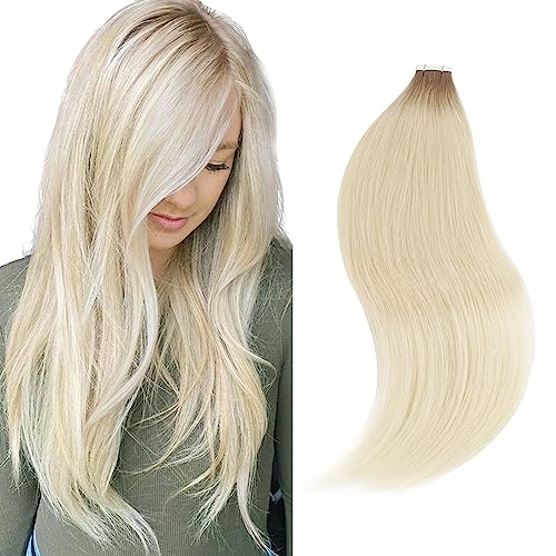 Sixstarhair Rooted Blonde Tape In Hair Extensions Human Hair Medium Brown Fading to Platinum Blonde Remy Hair Beautiful Hair for Women [Color R6-60#-16 inch]