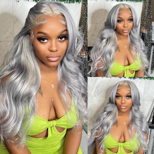 13x6 Lace Front Wig Human Hair, 180% Density Mini Knots HD Invisible Lace Wig for Women Free Part Glueless Silver Grey Colored Human Hair Wigs Long 34 Inch