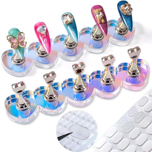 2 Set Nail Stands, Thickened Metal Nail Stand for Press Ons, Aurora Heart Nail Polish Holder for Painting, Fake Nail Display Stand Nail Practice Magnetic Nail Art Tools w/ 100Pcs Reusable Glue Tabs