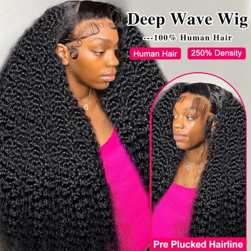 QinMei 13x6 Lace Front Wigs Human Hair Deep Curly Lace Frontal Wigs Human Hair for Black Women Wet and Wavy Glueless Wigs Human Hair Pre Plucked with Baby Hair Natural Color 28 Inch