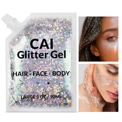 Face, Body & Hair Glitter Gel ? Halloween Glitter for Kids and Women ? 3 Oz Cosmetic-Grade Gel w/Moon & Stars for Festivals & Halloween Party, Easy Apply & Wash Off - Silver 1Pack