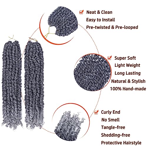 Passion Twist Hair 18 Inch Pre-twisted Passion Twist Crochet Hair for Women Pre-looped Water Wave Crochet Braids Bohemian Curly Crochet Hair Synthetic Hair Extensions 8 packs 1B/Gray