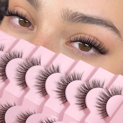 Onlyall Natural Lashes Wispy Lashes Natural Look False Eyelashes Natural Flared Eyelashes False Eye Lashes Soft Fluffy Lashes 7 Pairs D-K06, Black