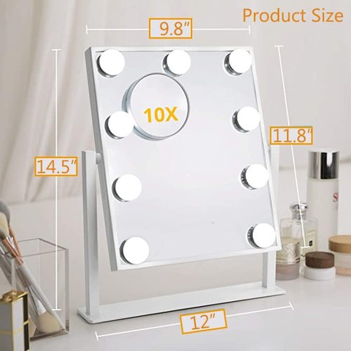 IMEASY Vanity Mirror with Lights，Hollywood Lighted Makeup Mirror with 3 Color Modes and 9 Dimmable Diamond LED Light Bulbs Detachable 10X Magnification 360° Rotation Touch Control