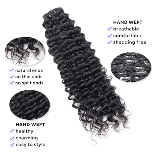 Seamless Clip in Hair Extensions Real Human Hair Deep Wave Brazilian Virgin Human Hair for Women 8Pcs PU Clip in Remy Hair Skin Weft with 18Clips 120g 26inch Natural Black
