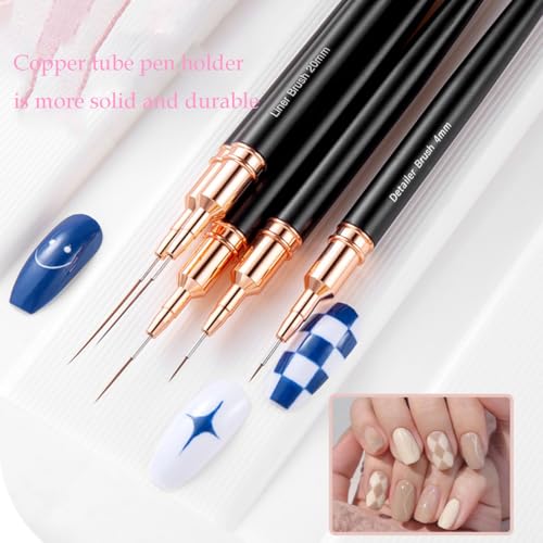 5Pcs Metallic Nail Art Liner Brush Set, UV Gel Polish Painting Tools for Long Lines, Thin Details, Fine Drawing, Sizes 4/8/12/20/25mm (Black)