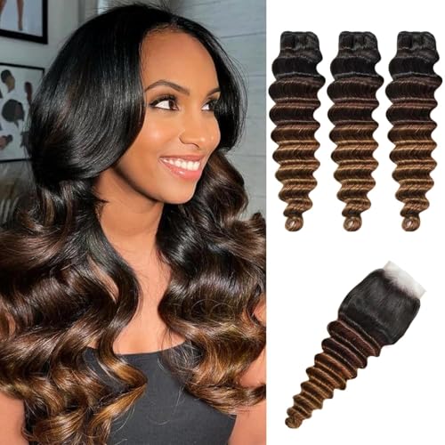 Human Hair Bundles with Closure Quick Weave TB/2/30 Highlight Ombre Loose Deep Wave Human Hair Bundles with 4x4 HD Closure 20 22 24+20free Loose Wave Hair 3 Tone Black to Blonde Extensins