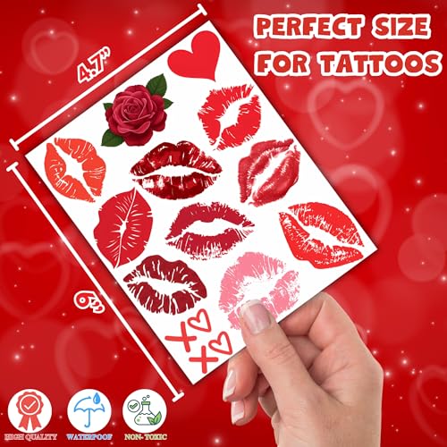 Valentines Lip Temporary Tattoos, Red Pink Lip Print Kiss Face Tattoo Stickers Body Decorations for Girls Kids