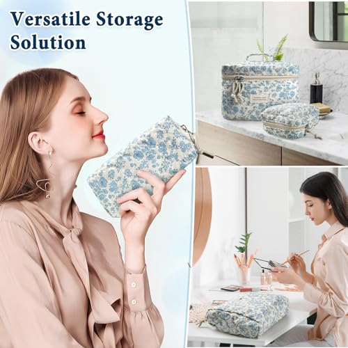Cute Makeup Bag for Women(2 Pcs), Travel Cosmetic Bags, Quilted Coquette Aesthetic Floral Toiletry Organizer Bag (46 - Sky Blue/4Pcs)