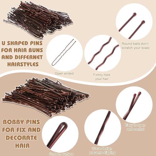 200 Brown Bobby Pins, 4 Hair Nets for Buns, Hair Wax Stick, 3 Slick Back Hair Brush and 105 Hair Bands for Women Girls Dance Competition Must Haves