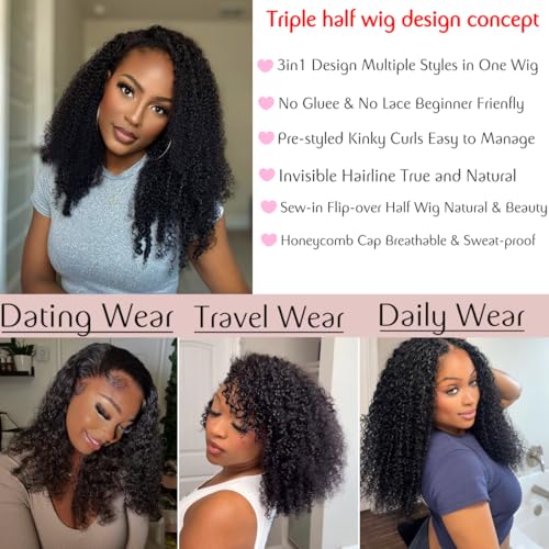 Kinky Curly Half Wig Human Hair 3 in 1 Glueless Wear And Go Human Hair Half Wigs For Women Seamless Flip Over Drawstring Headband Wig 180% Density Beginner Friendly 1B 26inch