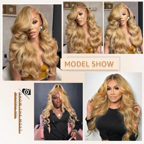 24 Inch Honey Blonde Wig Human Hair 200 Density 13x6 Blonde Wig Human Hair Body Wave Lace Front Wigs Human Hair Pre Plucked Colored 27# Lace Frontal Wigs for Women