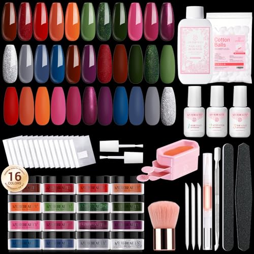 AZUREBEAUTY 130 Pcs Dip Powder Nail Kit ,16 Colors Brown Purple Green with Top/Base Coat Professional Glitter or DIY Salon Gifts